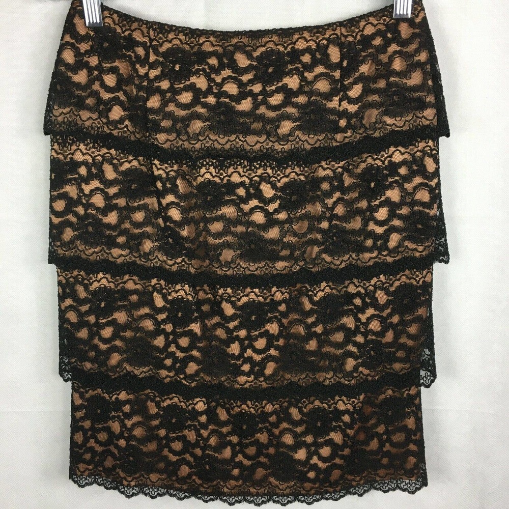Kay Unger Skirt Women Sz 4 Pencil Black Tan Layered Floral Lace Silk Knee Length